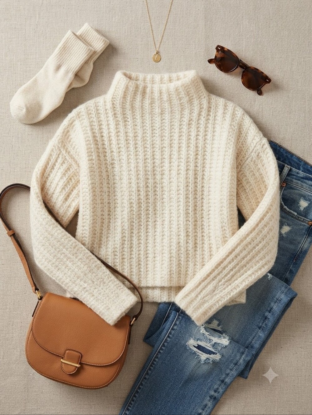 Aerie Wool Alpaca Blend Cream Colored Chunky Knit Mock Neck Sweater